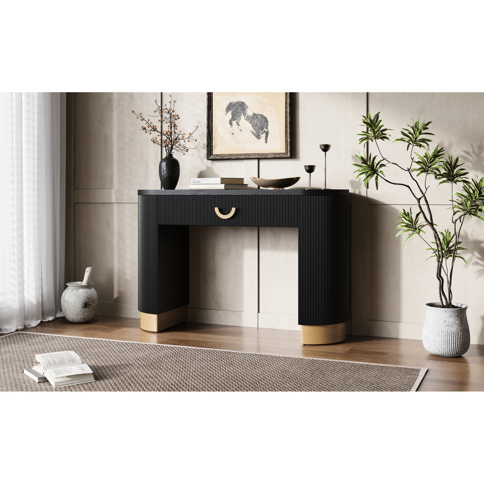 White Console Ribbed Base Latitude Run® Stylish And Functional Console Table With Vertical Ribbed ...