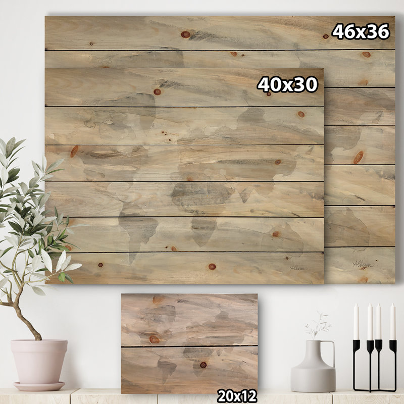 Carte du monde brumeux - impression de carte Glam sur bois de pin naturel, H 36 po x l 46 po x P 1,5 po