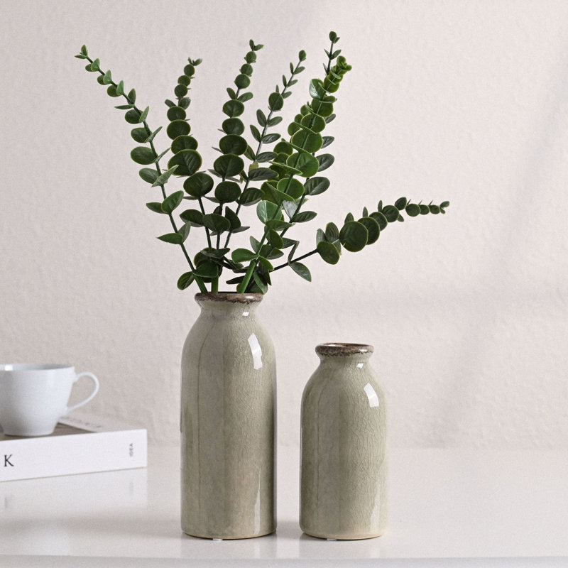 6.1-7.9 Inch 2 Pcs Rustic Ceramic Vase Set, Green