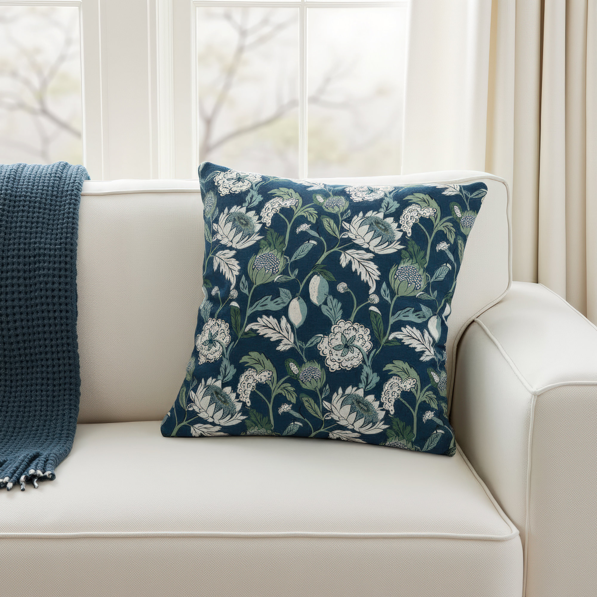 Arkins Floral Cotton Throw Pillow, Feathers, Navy, 20