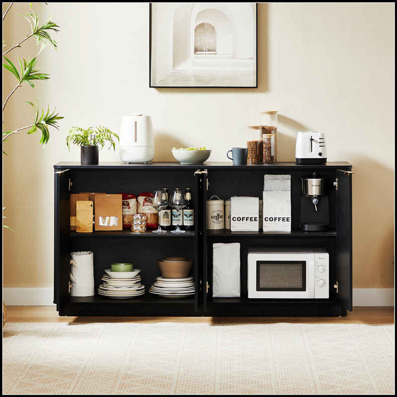 Elegant Vertical Stripe Buffet Cabinet With Curved Wave Design, Multi-Functional Storage For Living Room And Bedroom, Black