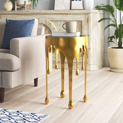 Aluminum Metal Melting Drip Side End Accent Table with Glass Tabletop by Langley Street
