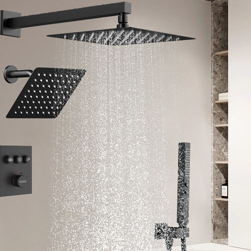 12+ 6" Wall Mount Rain Shower And 2 In 1 Handhled,Push Button 3 Modes Valve Complete Shower Set, Matte Black