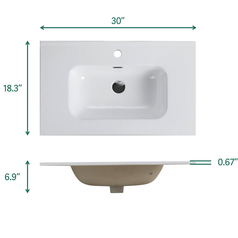 Meuble-lavabo mural blanc brillant TIA de 30 po avec lavabo en céramique à un trou, grand meuble-lavabo flottant pour salle de bain moderne pré-assemblé