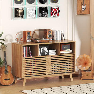 47.2'' W Record Player Stand With Sliding Doors, Vinyl Record Storage Display Cabinet, Mid-Century Turntable Stand