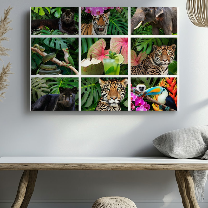 Toile dans un collage chaotique vibrant d'une scène de jungle luxuriante, H 11 po x l 14 po