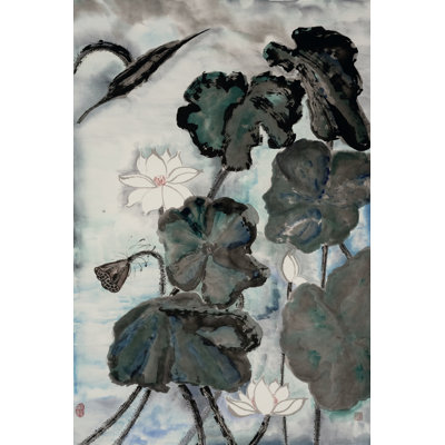 Lotus Study With Blue Green I - Wrapped Canvas Print