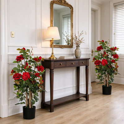 90cm Artificial Red Rose Tree Set of 2, Fake Plant with 17 Flowers & 344 Silk Leaves, Indoor Outdoor Decor