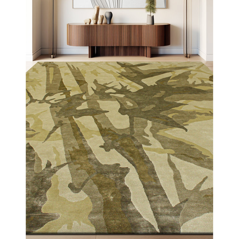 Tapis noué à la main de couleur olive / ivoire / vert, Rectangle 6 pi x 9 pi