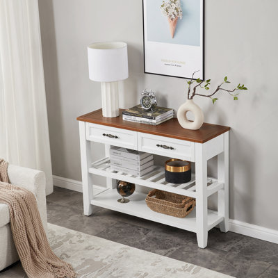 Console rétro avec deux tablettes ouvertes, structure en bois de pin massif et pieds pour le salon