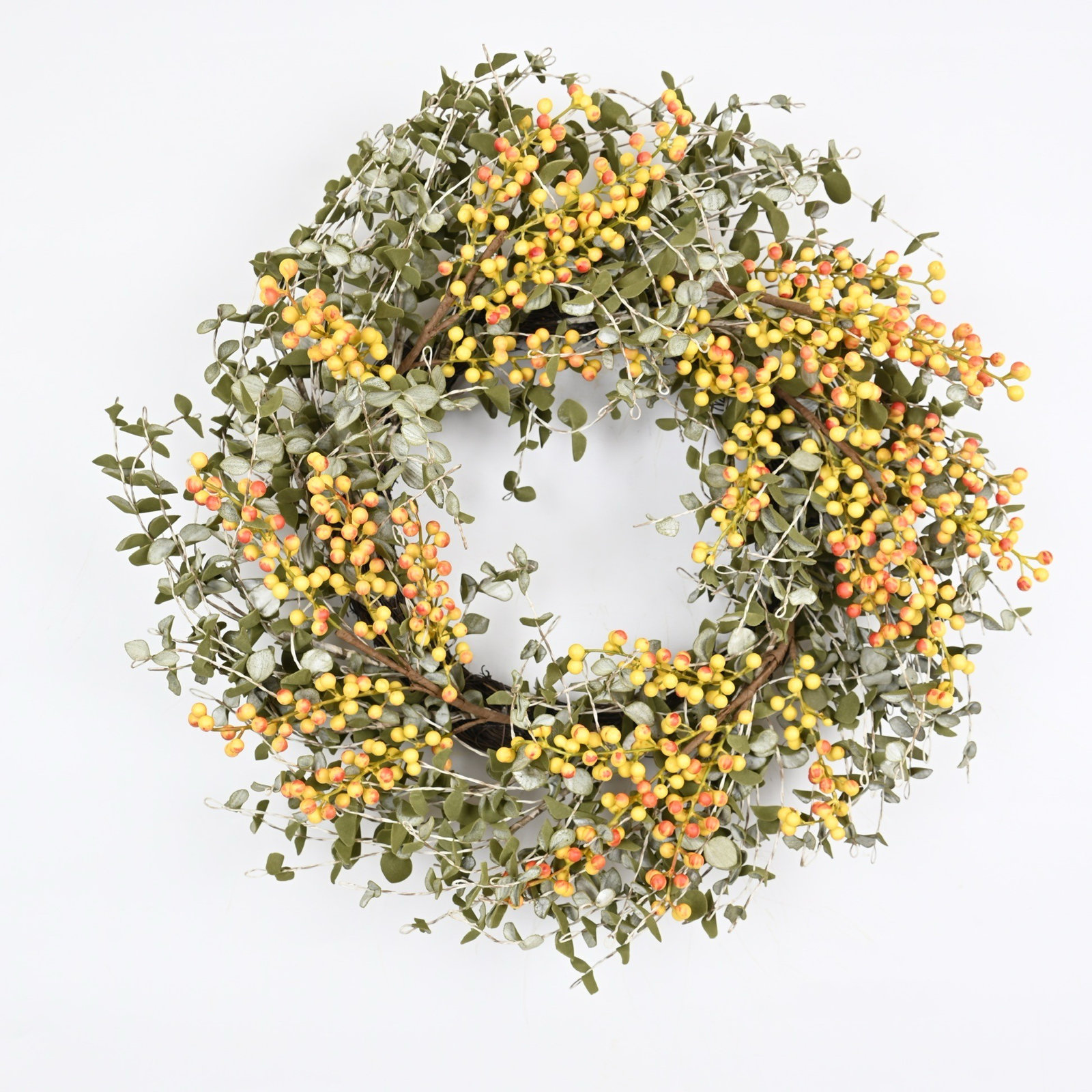 24" Artificial Farmhouse Mini Eucalyptus Blossoms Cluster Berry Spring Fall Wreath For Front Door, Green/Yellow