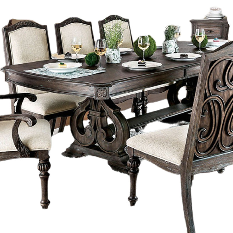 Arca 9Pc Dining Table Set With 8 Ivory Fabric Chair, Rustic Solid Wood