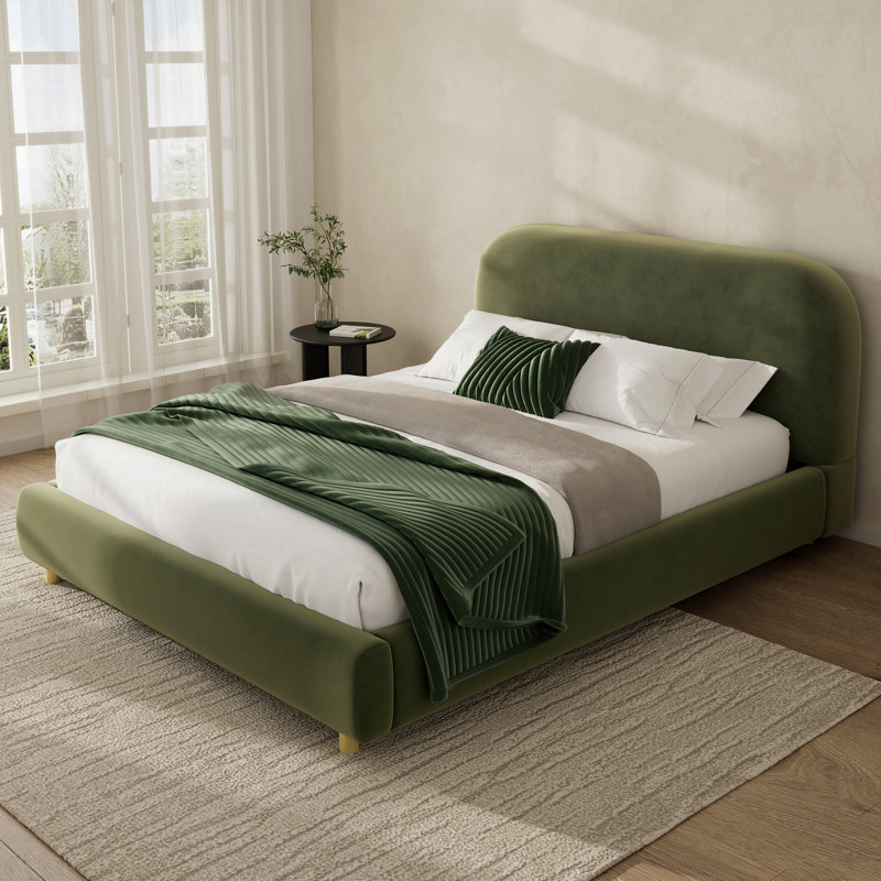 Lit plateforme avec tissu Boucle, lit plateforme tapissier Boucle Fabric avec tête de lit courbée, blanc, assemblage facile