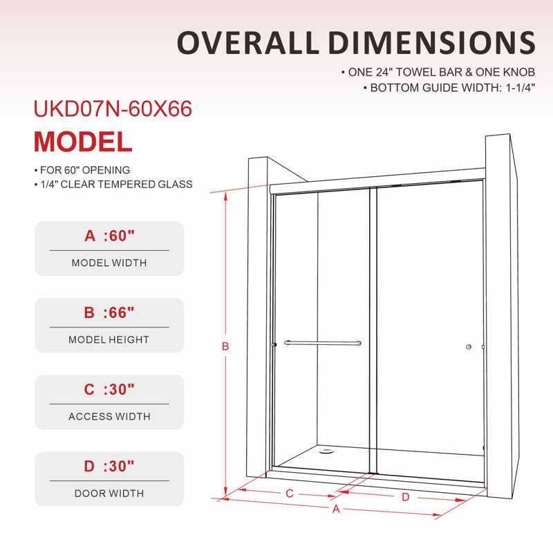 UKD07N Countess 56 to 60 in. x 66 in. H Semi-Frameless Double Sliding Shower Door in Chrome with 1/4 in. (6.35mm) Clear Glass