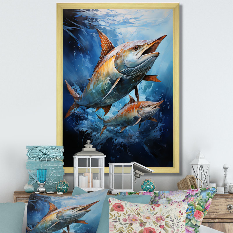 Alleffra pêche majestueux Marlins sautant II, H 32 po x l 16 po x P 1 po, Encadrement doré