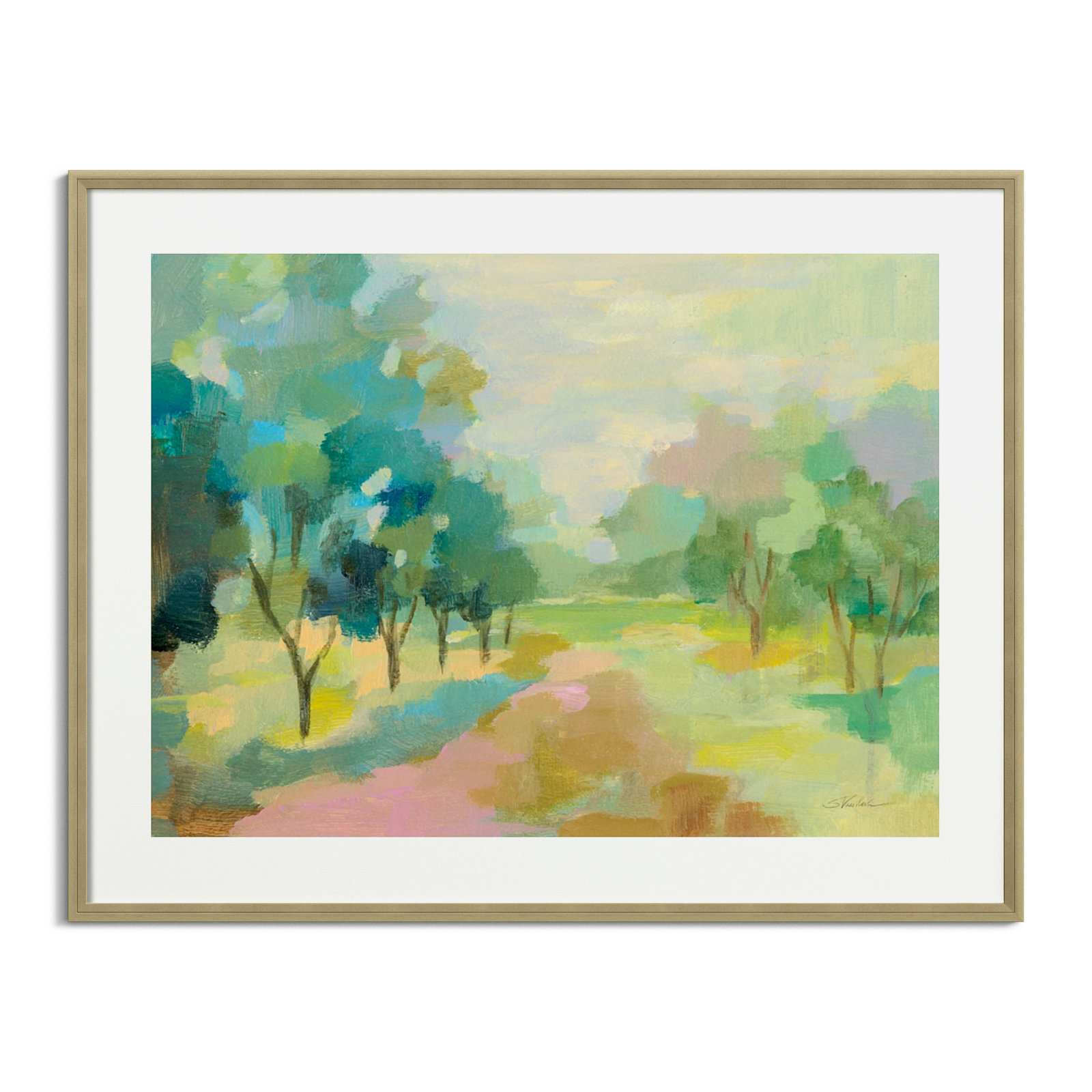 Sunrise Forest Painting by Silvia Vassileva, 33" H x 42" W, Champagne Framed Paper