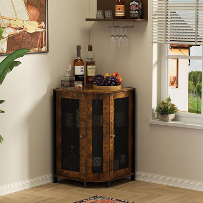 Meuble-bar de coin à 3 niveaux, rangement gain de place pour vins et spiritueux avec étagères ouvertes et porte, style rustique