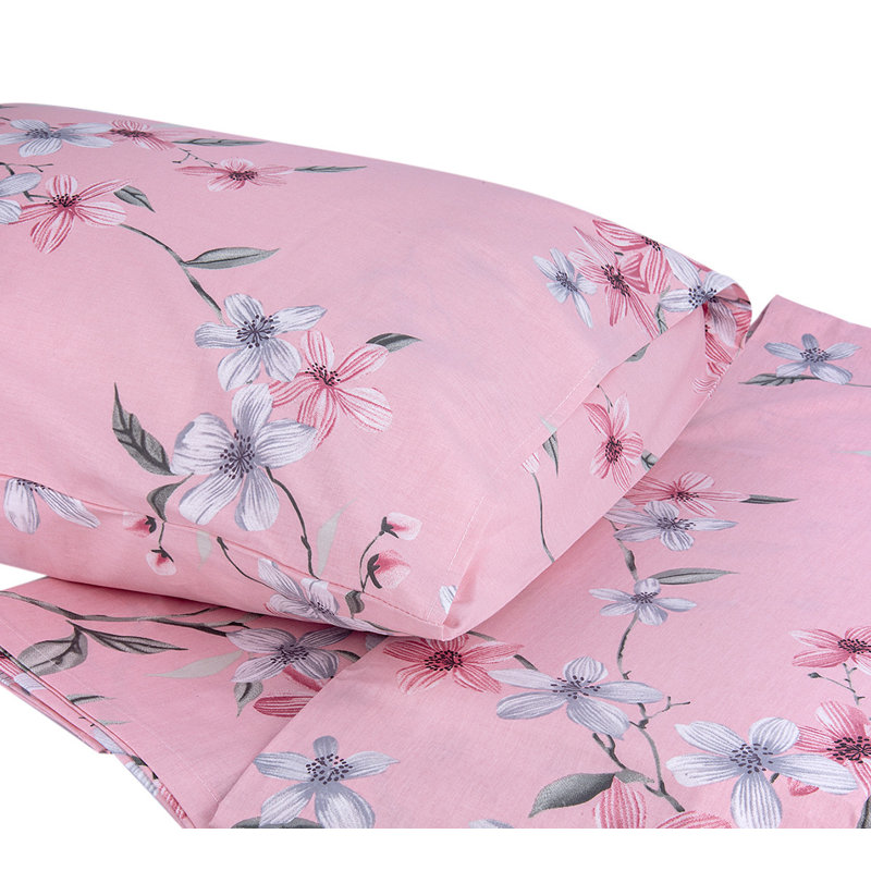 Twin Pink Floral Cotton Percale Bedding Set