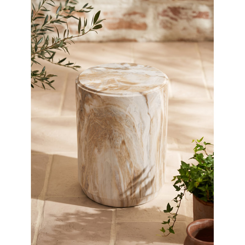 D14,5 x 18,5 po, tabouret d'appoint en faux marbre et crème, table de bout cylindrique sculpturale, piédestal aspect pierre