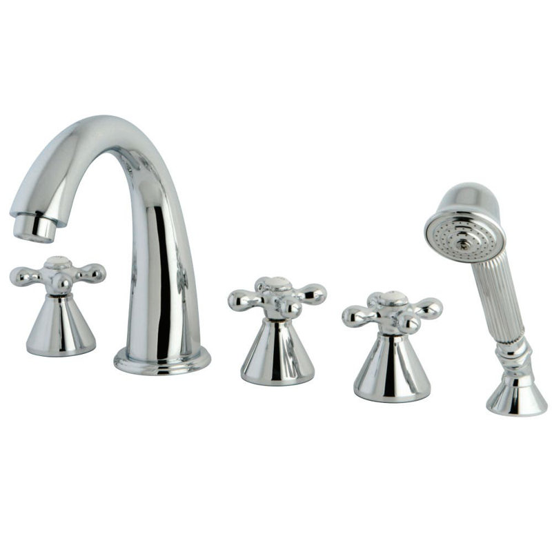 Kingston Brass Roman Three-Handle 5-Hole Deck Mount Roman Tub Faucet with Hand Shower, Polished Chrome