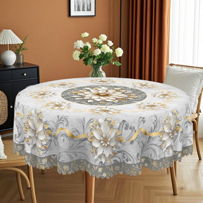 1pc Modern 3D Floral Effect Printed Tablecloth, Round/Rectangular Farmhouse Floral Pattern Tablecloth, Christmas Party Outdoor Decoration, Kitchen Accessories, Noble And Elegant Marble Floral Decoration Home Gift