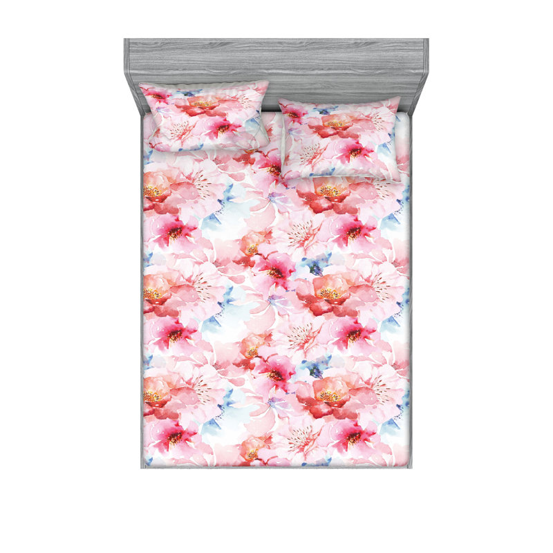Drap-housse et taies décoratives 3 pièces Ambesonne, Bleu doux, rose pâle / floral
