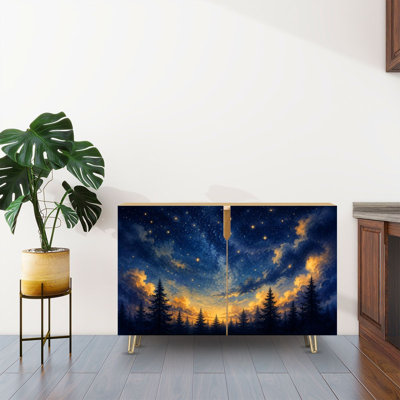 Sideboard Buffet Cabinet with Storage Starry Night Forest Pine Trees Glowing Sunset Sky with 2 Doors for Living Room and Kitchen