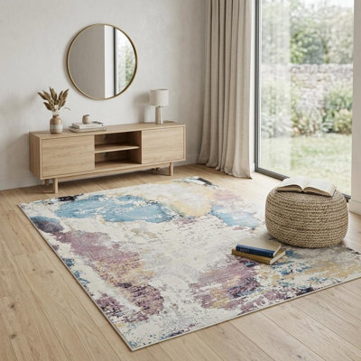 Tapis abstrait délavé beige et bleu 4 pi x 6 pi