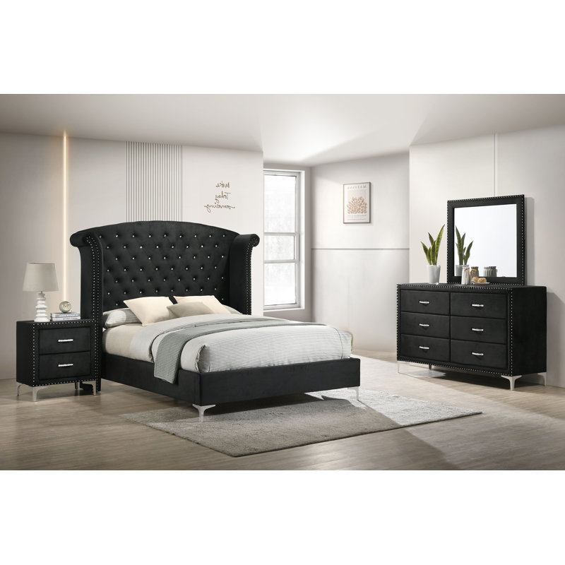 Ensemble de chambre à coucher Rosmini, Noir, Grand, 5 pièces : lit, table de chevet, commode, miroir
