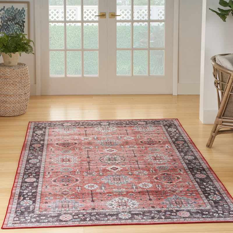 Tapis performance rose / gris tissé à la machine / tissé à la machine, Rectangle 5 pi x 7 pi