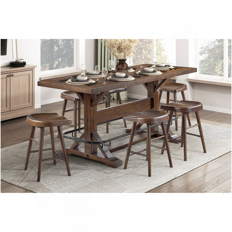 Ensemble de table de salle à manger à hauteur de comptoir brun 7 pièces avec repose-pieds en métal et 6 tabourets