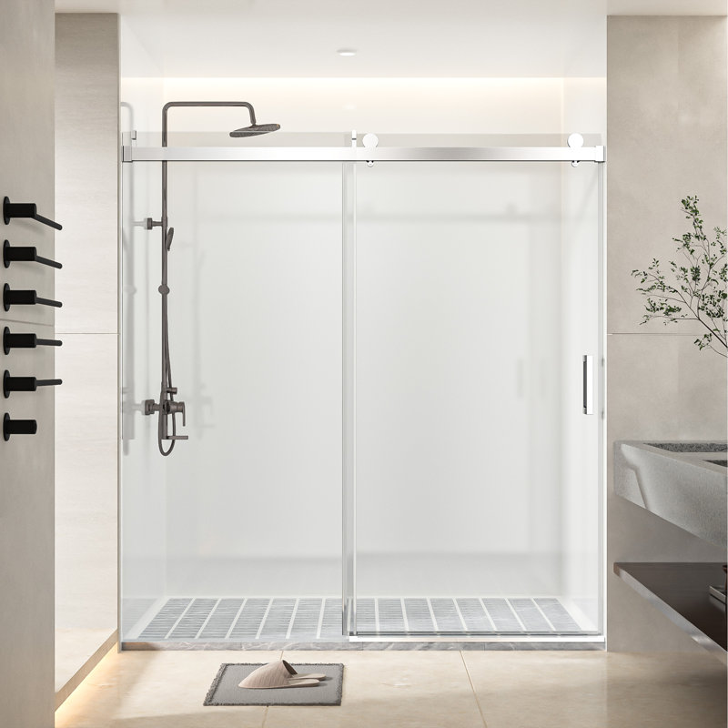 Porte coulissante sans cadre l 68 à 72 po x H 76 po, verre 3/8 po, chrome, Chrome chrome