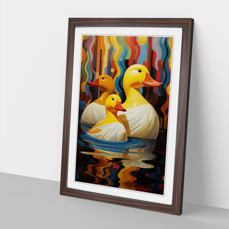 Rubber Ducks Art Deco - Single Picture Frame Print on Wood, 34cm H x 25cm W x 2cm D, Walnut