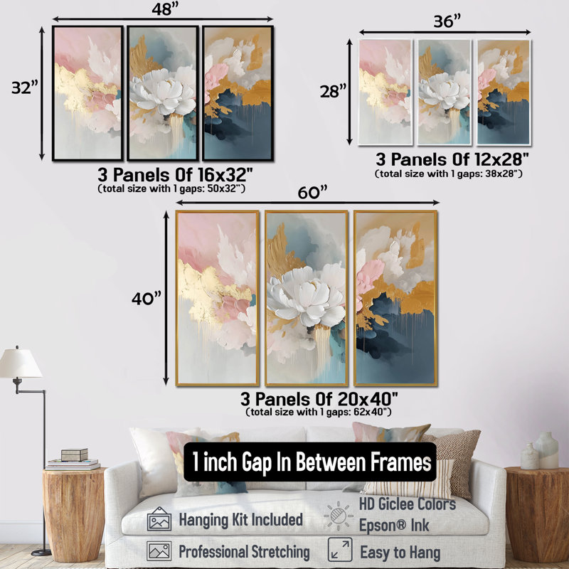 «White Brushstroke Abstract Paint III», ensemble de salon d'art mural pivoines, Toile naturelle avec cadre flottant