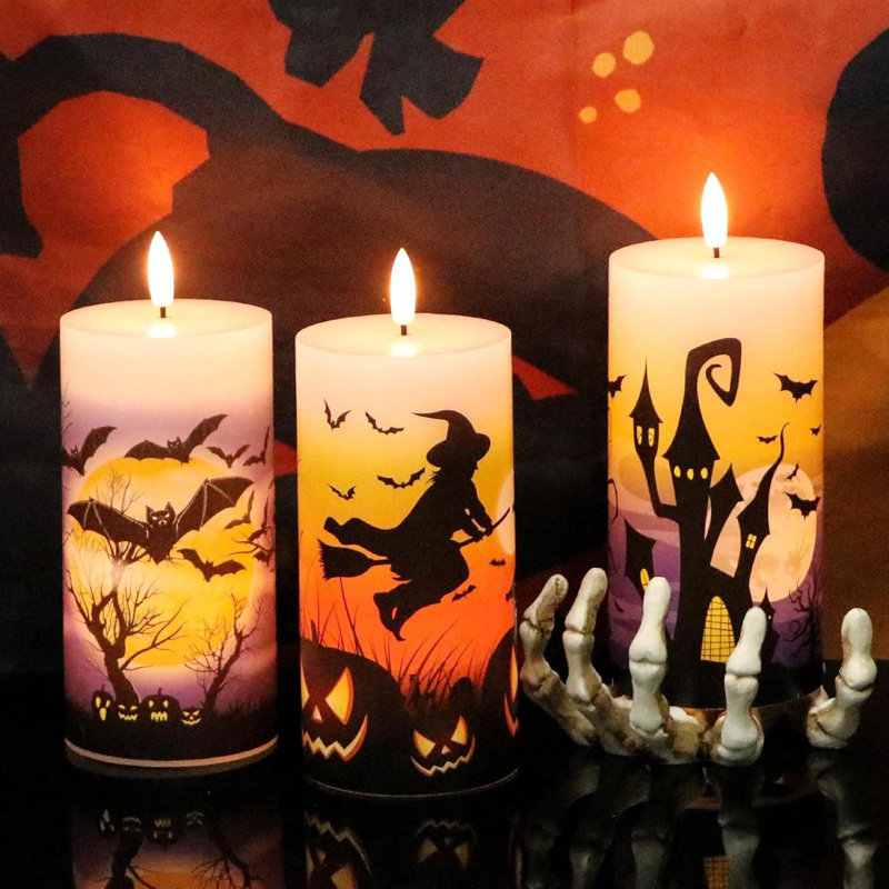 3 Pack Halloween Flameless LED Candles - 6-Hour Timer, Battery-Operated Wax with Witch/Bats/Castle Decals, Flickering for Decor
