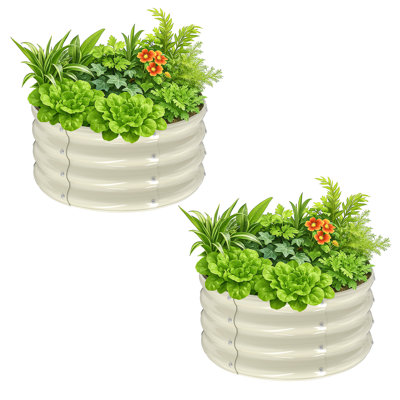 2 lits de jardin surélevés ronds en acier galvanisé blanc, boîte à fleurs extérieure à fond ouvert avec bordure en caoutchouc sécuritaire, légumes, fleurs, fleurs, patio