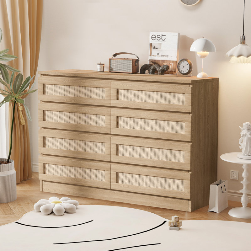 47 in Rattan 8 Drawer Dresser Modern Natural Chest of Drawer Large Wooden Bedroom Dresser with Drawers