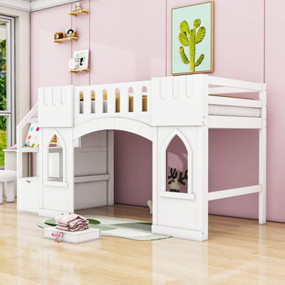 Twin 3 Drawer Wood Loft Bed With Storage Staircase And Windows