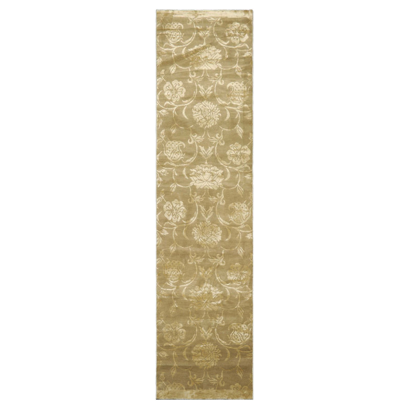 Tapis vert tibétain en laine et soie noué à la main vert 2 pi 11 po x 11 pi 10 po