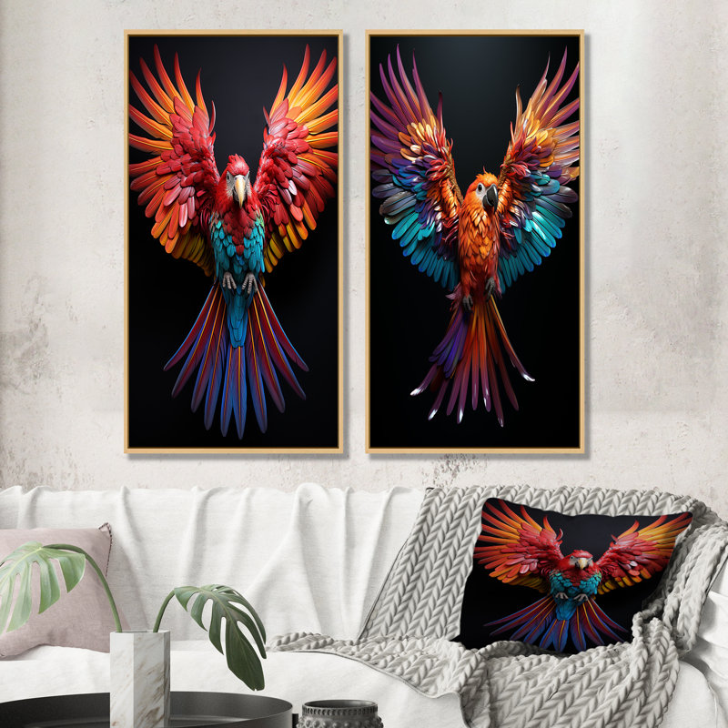 Perroquets fantaisistes, ensemble d'art mural sur toile perroquet, 2 pièces, Encadrement brun, H 28 po x l 25 po