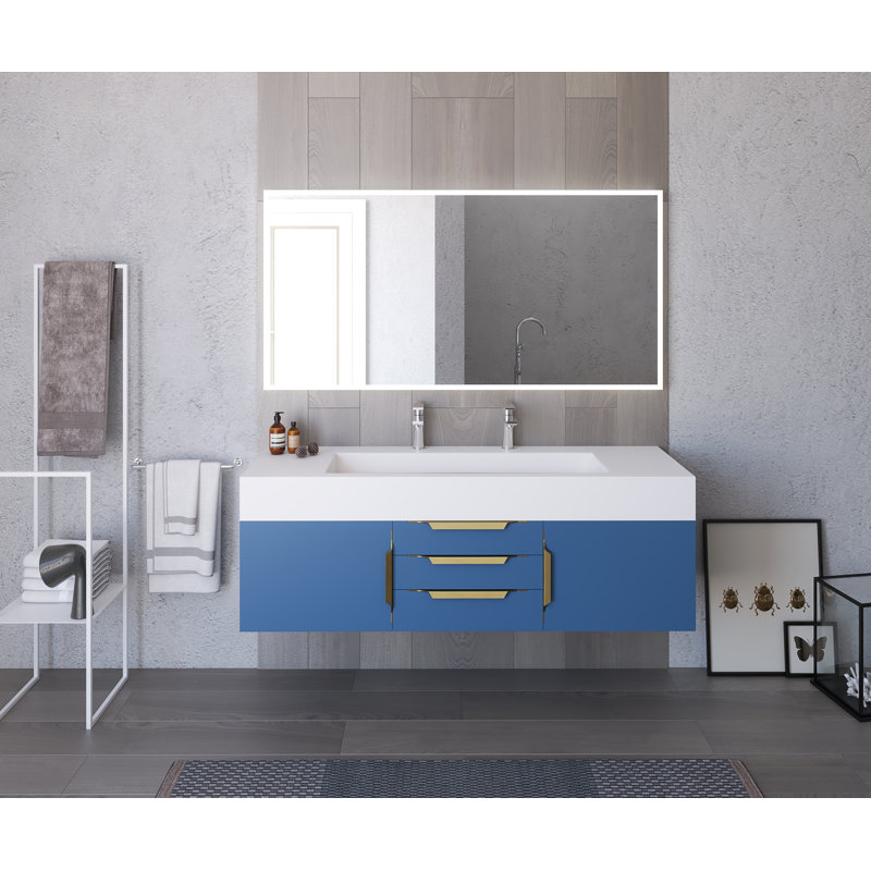 Ensemble de meuble-lavabo simple mural 60 "avec miroir Nile, Bleu, Blanc, Or