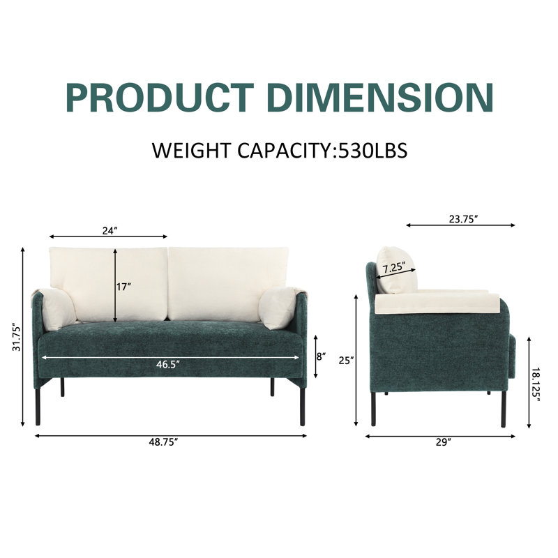 48.75'' Wide Modern Soft Chenille Fabric Upholstered Loveseat With Padded Armrest, White/Green