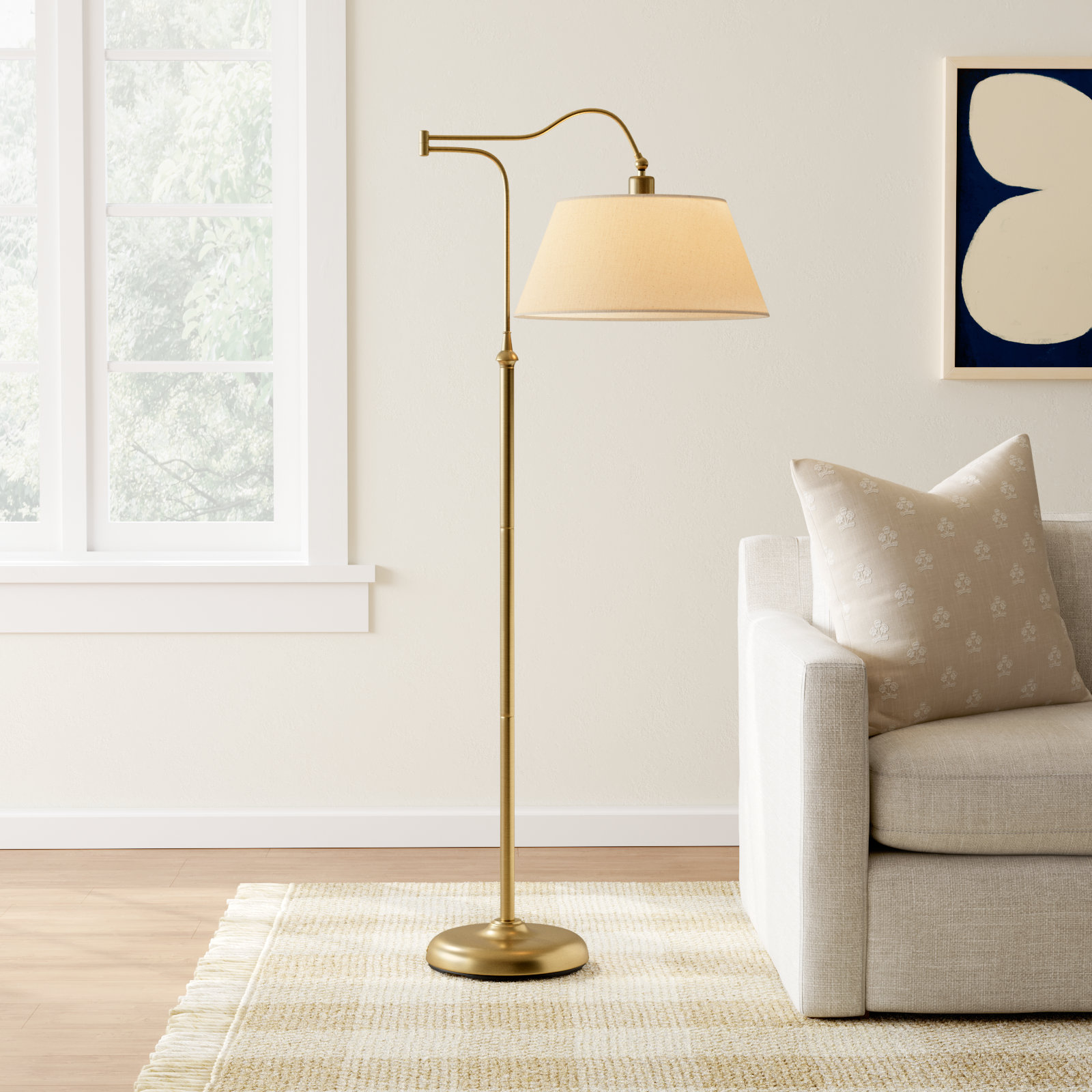 Theodora Dimmable Swing Arm Floor Lamp, 60" H x 17" W x 38.5" D, Antique Bass, Cream