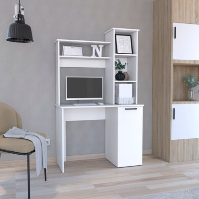 Computer Desk With Hutch, Single Door Cabinet, Expansive Work Surface And 3-Tier Storage Shelves
