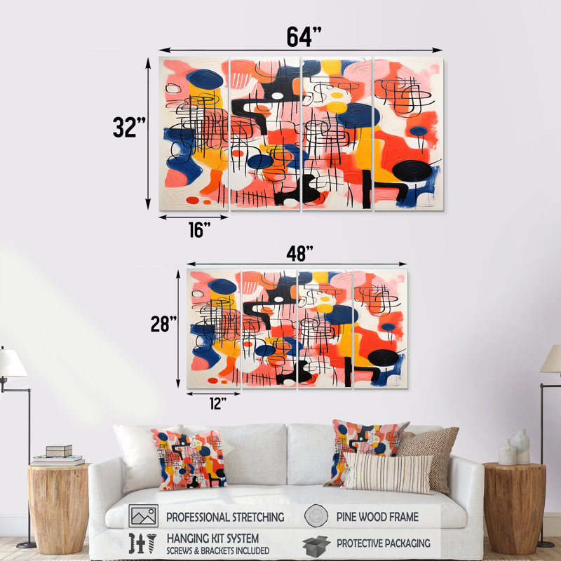Colourful Crayon Art Minimal Retro Red - Abstract Wall Art 4 Piece, 28" H x 48" W