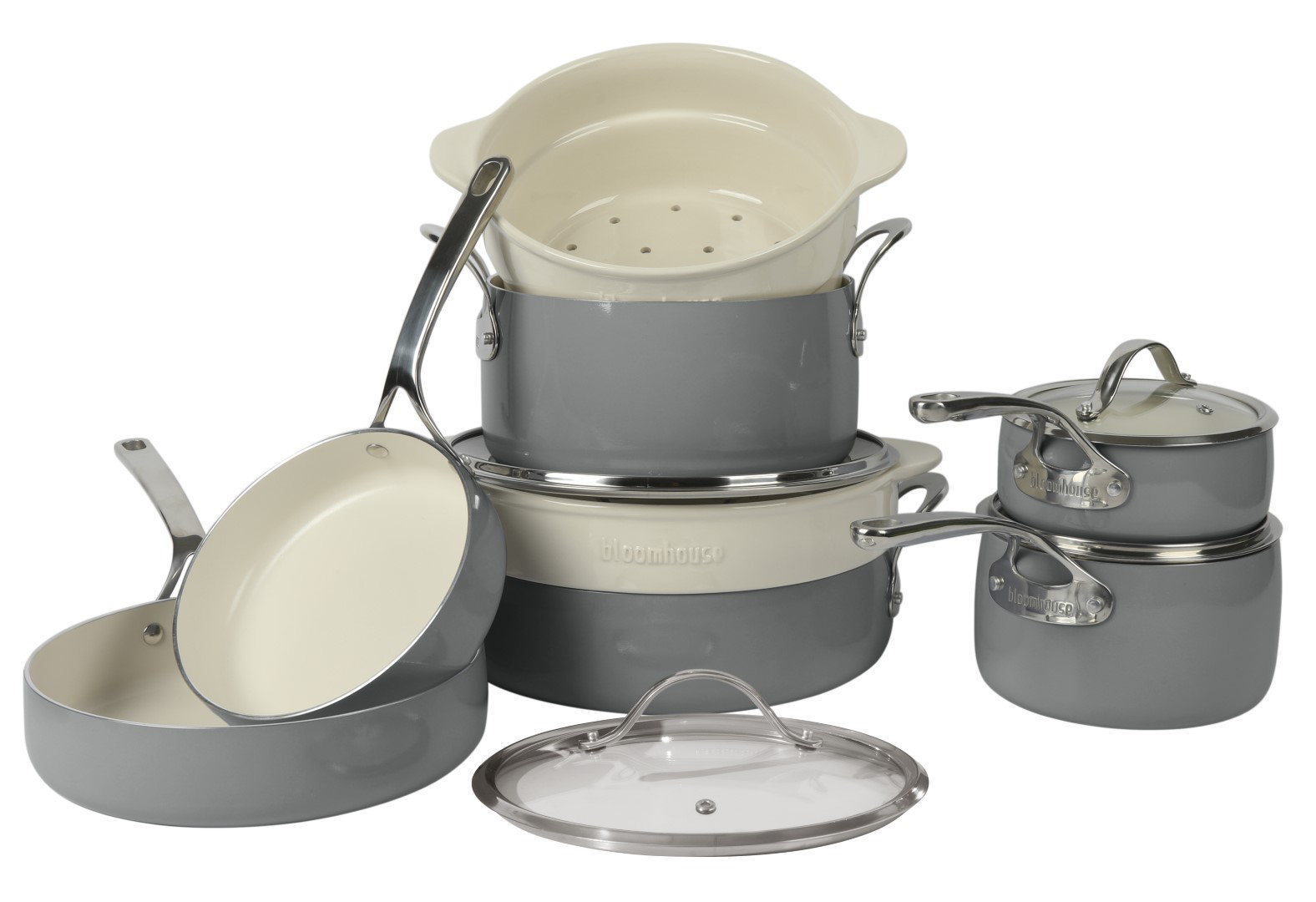 12-Piece Non-Stick Aluminum Cookware Set, Stone Gray