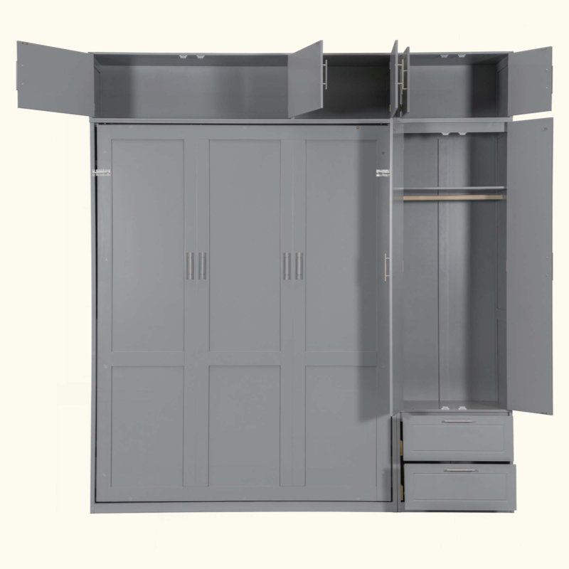 Lit escamotable mural avec armoire supérieure, tablettes et garde-robe, lit pliable peu encombrant, Gris