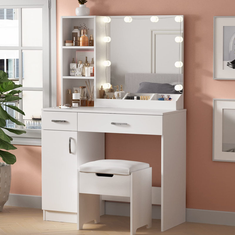 35.4'' Wide Vanity Set with Stool and Mirror, White