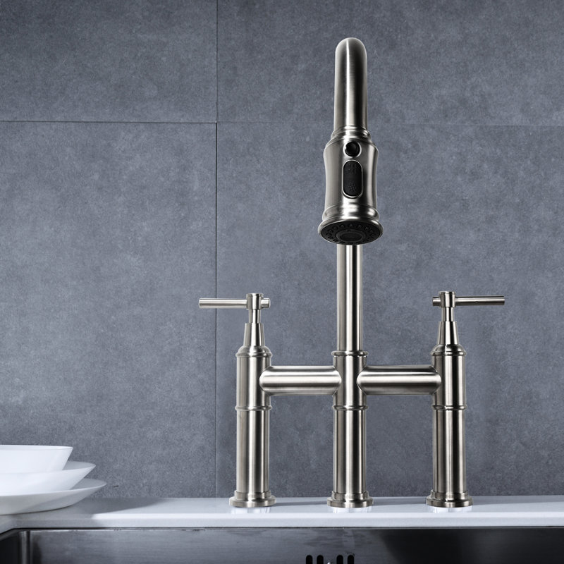 Brushed Nickel Kitchen Bridge Faucet With Pull-Down Spray, Dual Handle For Smooth Flow & Temperature Control, 360 Rotating High Nozzle, Brass, Steady Splash- Aerator In Nickel, Feature Incorporated,