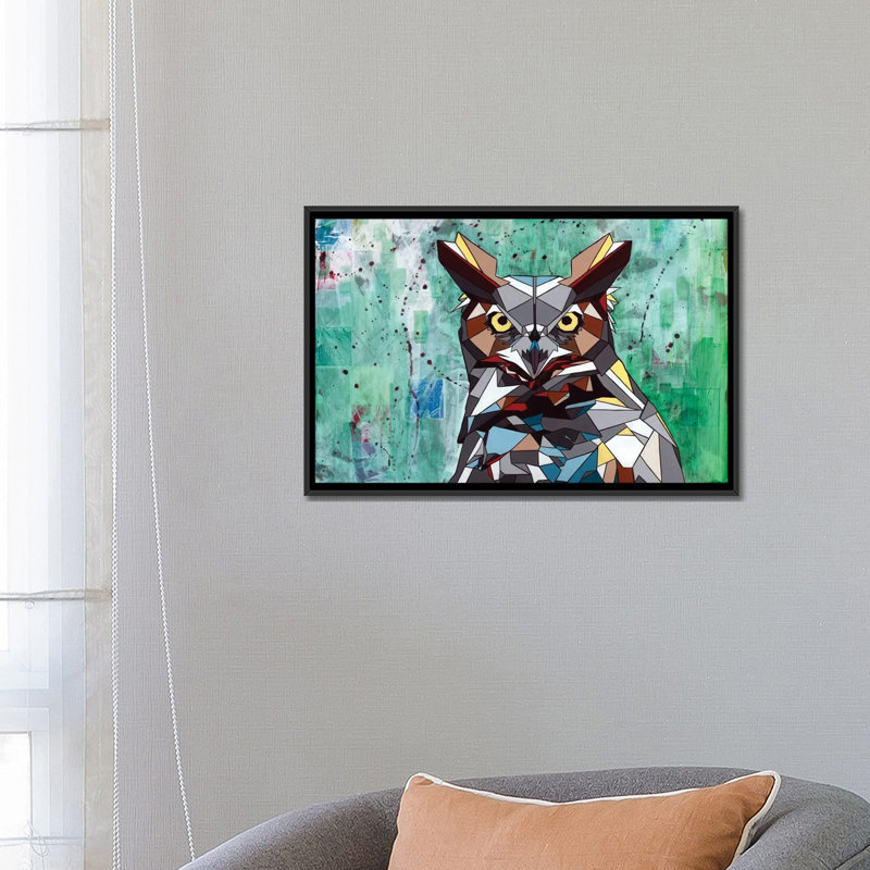 «Owl» par DAAS, impression sur toile tendue, H 18 po x l 26 po x P 1,5 po, Toile avec cadre noir, Blanc